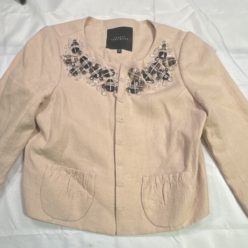 Robert Rodriguez Linen Embellished Jewel Neck Hook & Eye Jacket Blush Pink Women - Picture 2 of 10